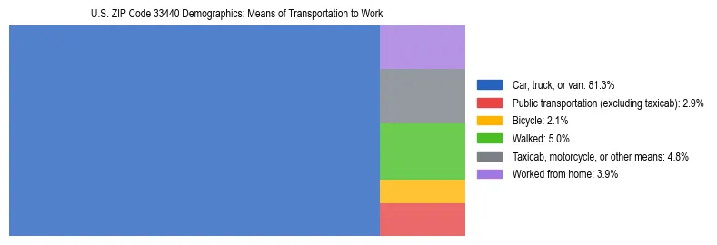 Treemap showing means of transportation to work distribution in US ZIP Code 33440.