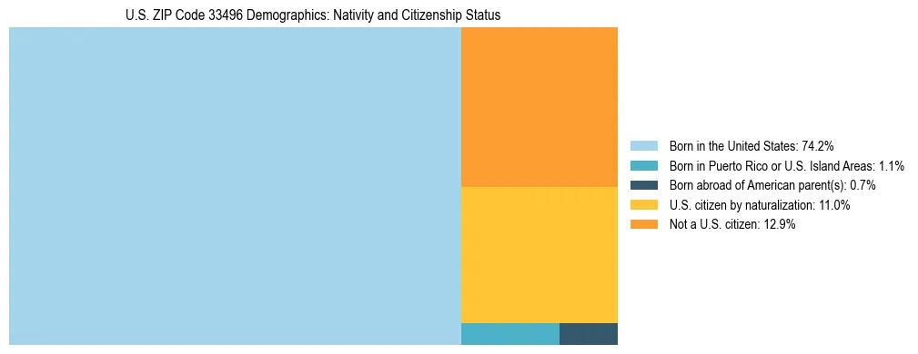 Treemap showing the population distribution by nativity and citizenship status in US ZIP Code 33496 based on U.S. Census data.