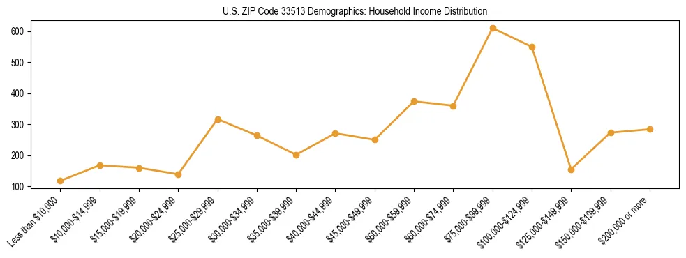 Horizontal bar chart showing household income distribution in US ZIP Code 33513.