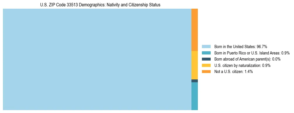 Treemap showing the population distribution by nativity and citizenship status in US ZIP Code 33513 based on U.S. Census data.
