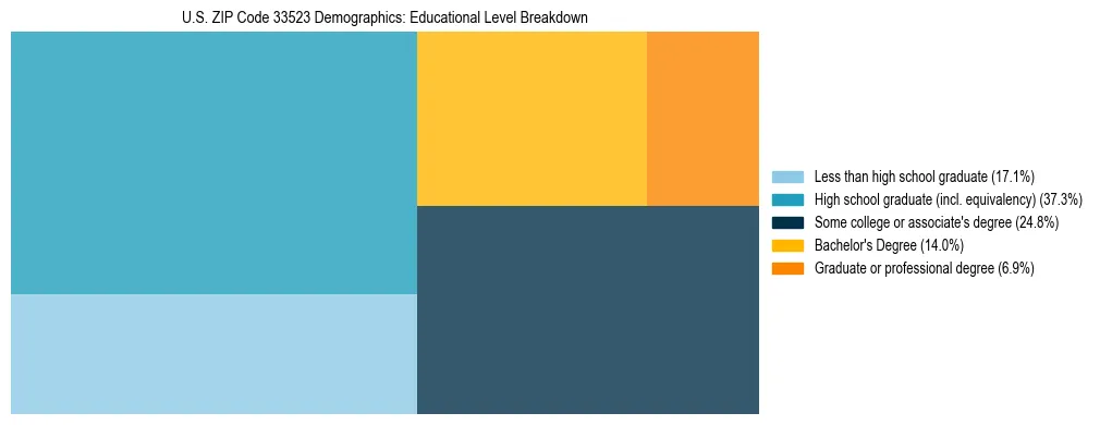 Treemap chart illustrating the educational attainment breakdown for population 25 years and over in US ZIP Code 33523.