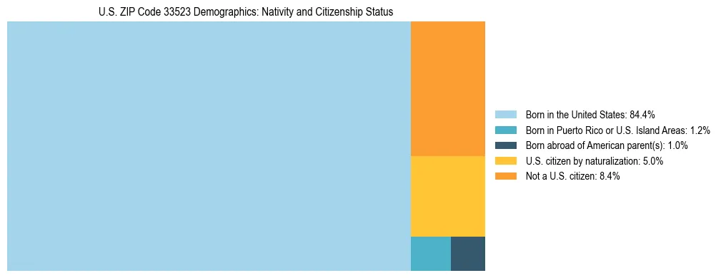 Treemap showing the population distribution by nativity and citizenship status in US ZIP Code 33523 based on U.S. Census data.