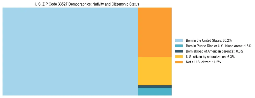 Treemap showing the population distribution by nativity and citizenship status in US ZIP Code 33527 based on U.S. Census data.