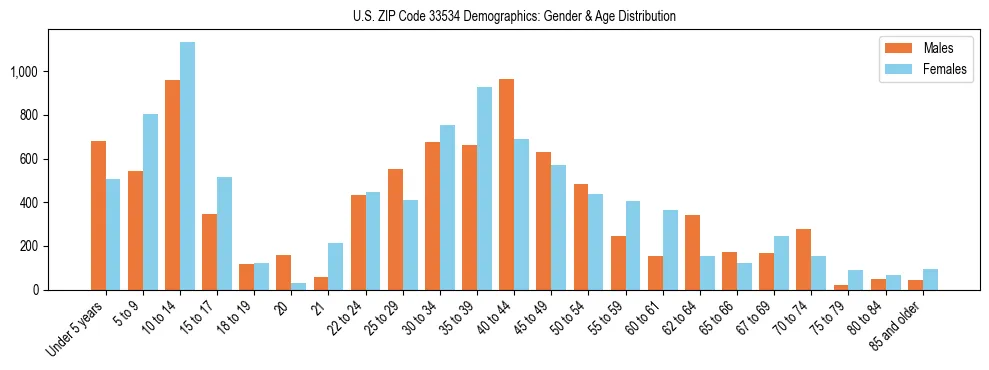 Bar chart showing the population distribution of US ZIP Code 33534 by age group and gender, based on 2023 ACS data.