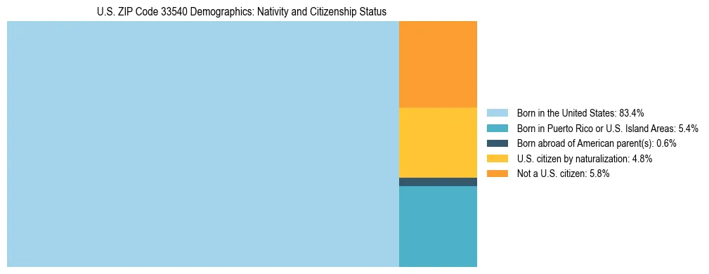 Treemap showing the population distribution by nativity and citizenship status in US ZIP Code 33540 based on U.S. Census data.