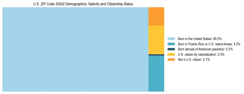Treemap showing the population distribution by nativity and citizenship status in US ZIP Code 33542 based on U.S. Census data.