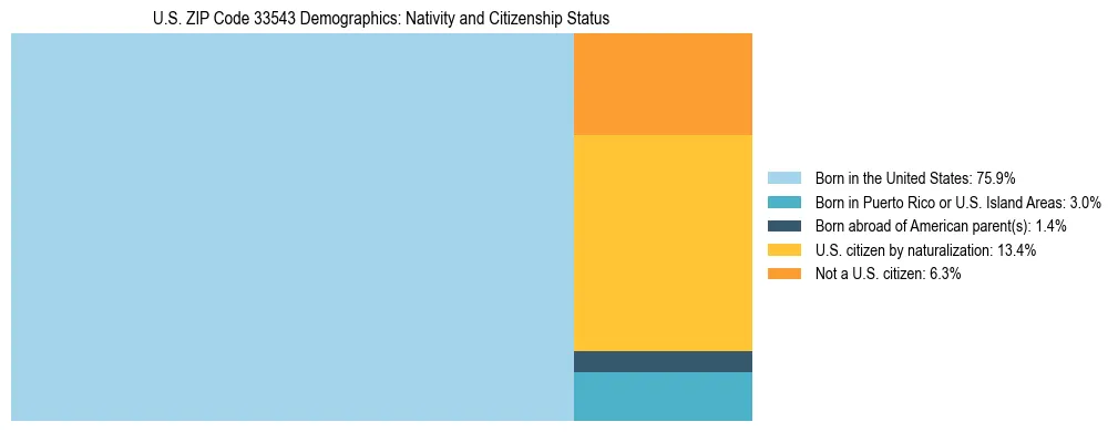 Treemap showing the population distribution by nativity and citizenship status in US ZIP Code 33543 based on U.S. Census data.