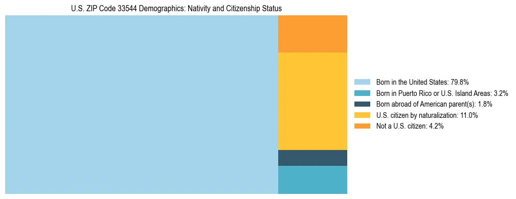 Treemap showing the population distribution by nativity and citizenship status in US ZIP Code 33544 based on U.S. Census data.