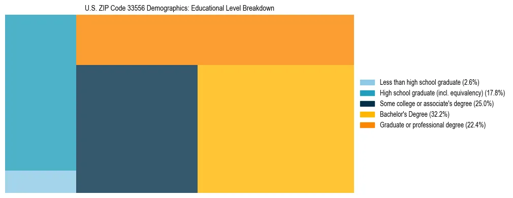 Treemap chart illustrating the educational attainment breakdown for population 25 years and over in US ZIP Code 33556.