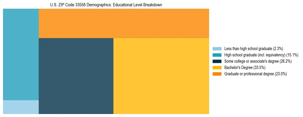 Treemap chart illustrating the educational attainment breakdown for population 25 years and over in US ZIP Code 33558.