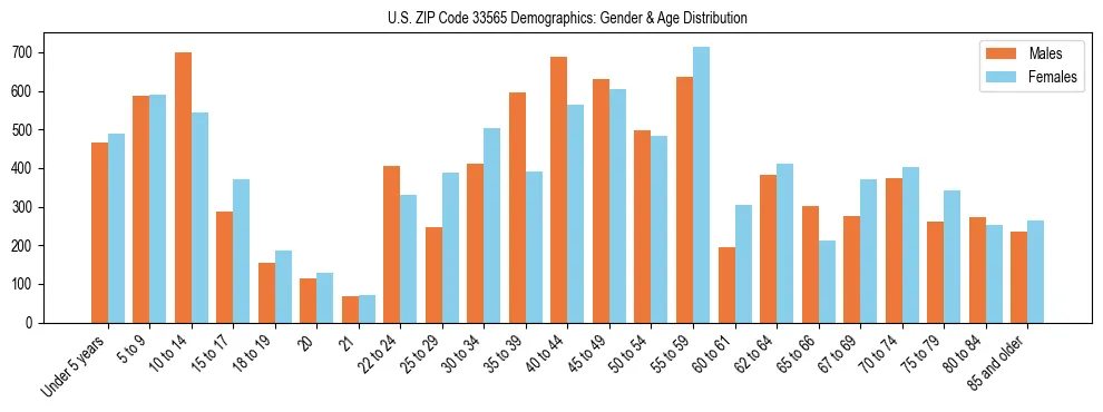 Bar chart showing the population distribution of US ZIP Code 33565 by age group and gender, based on 2023 ACS data.