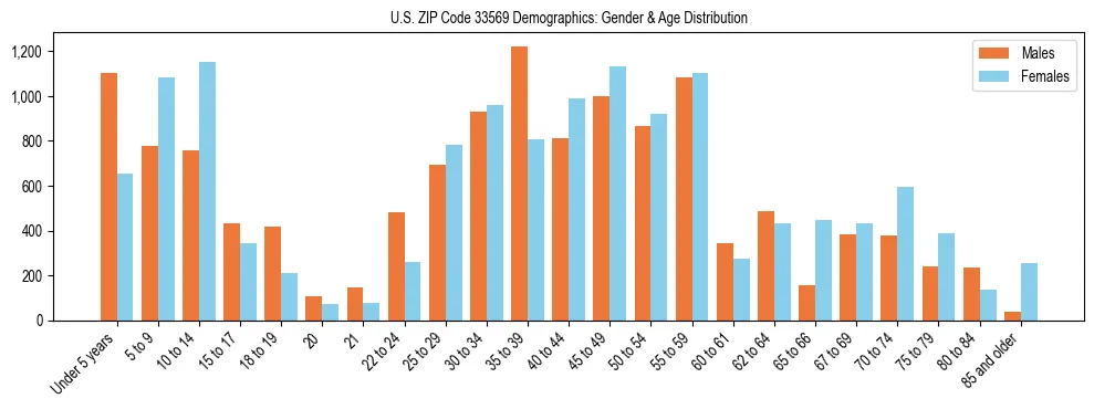 Bar chart showing the population distribution of US ZIP Code 33569 by age group and gender, based on 2023 ACS data.