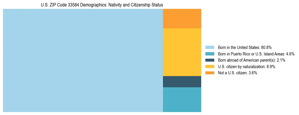 Treemap showing the population distribution by nativity and citizenship status in US ZIP Code 33584 based on U.S. Census data.