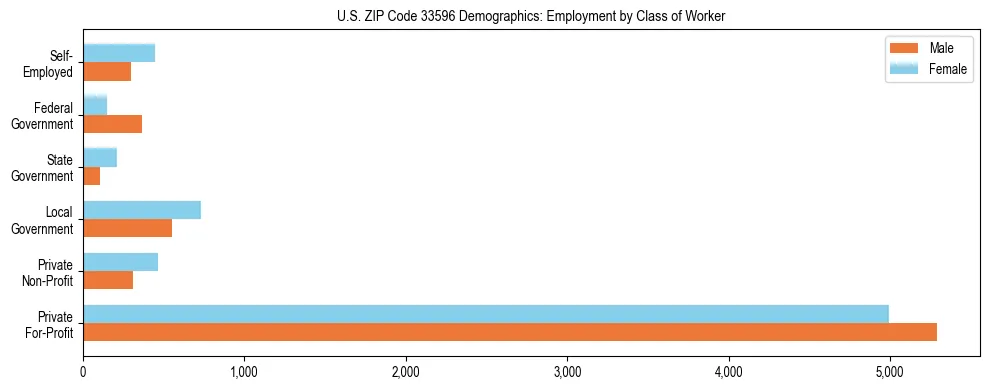 Horizontal bar chart showing employment distribution by class of worker and gender in US ZIP Code 33596, based on 2023 ACS data.