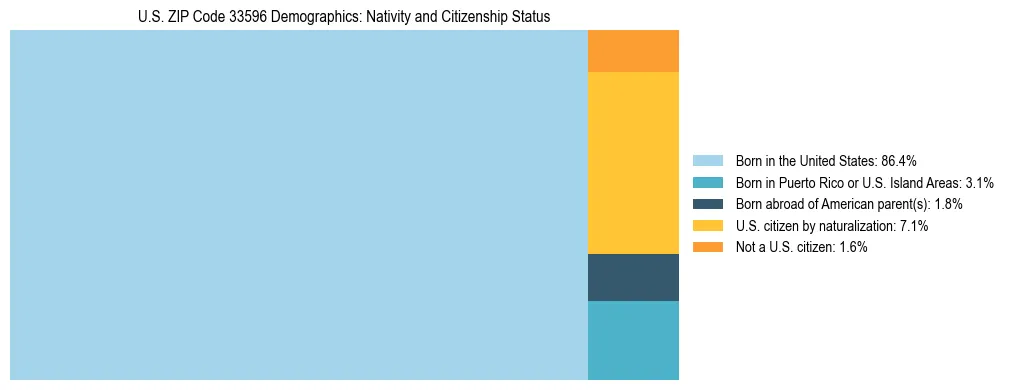 Treemap showing the population distribution by nativity and citizenship status in US ZIP Code 33596 based on U.S. Census data.