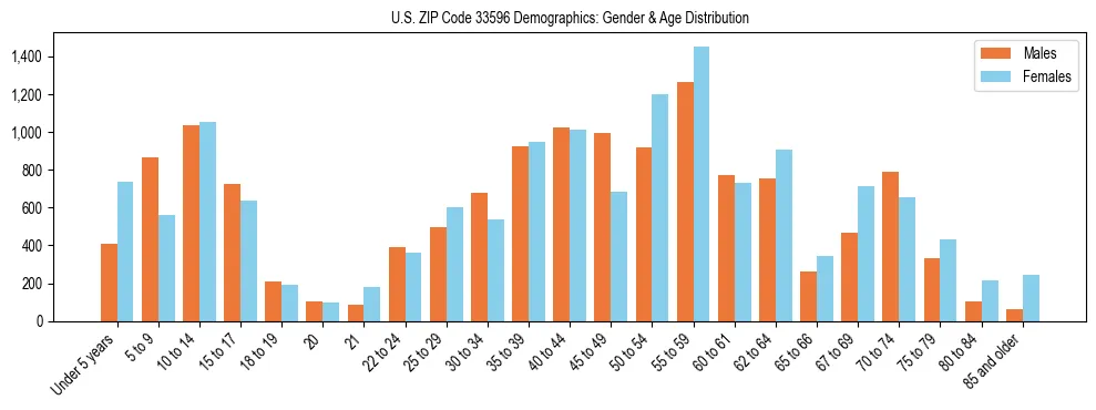 Bar chart showing the population distribution of US ZIP Code 33596 by age group and gender, based on 2023 ACS data.