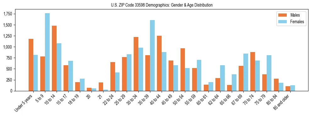 Bar chart showing the population distribution of US ZIP Code 33598 by age group and gender, based on 2023 ACS data.