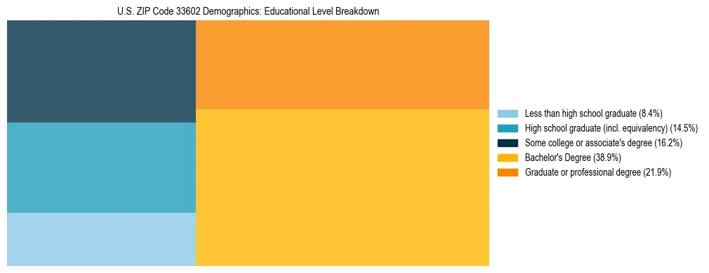 Treemap chart illustrating the educational attainment breakdown for population 25 years and over in US ZIP Code 33602.