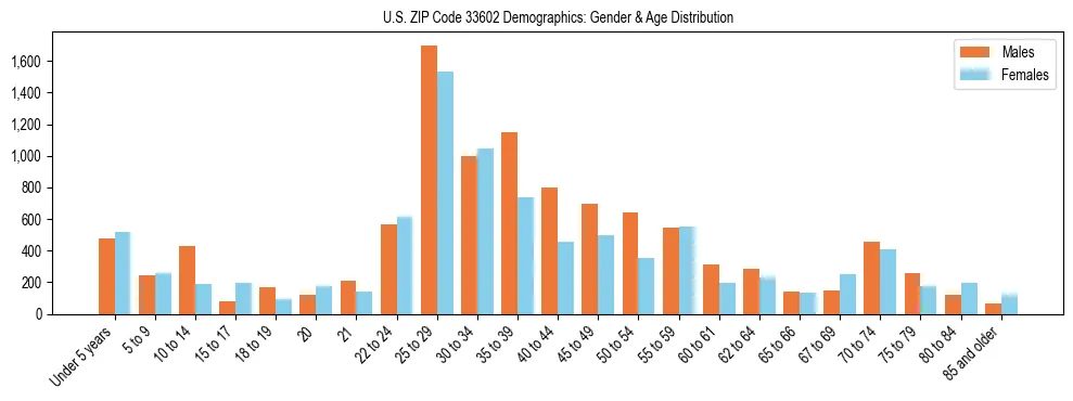 Bar chart showing the population distribution of US ZIP Code 33602 by age group and gender, based on 2023 ACS data.
