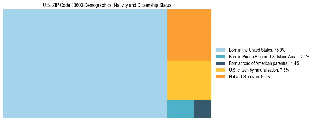 Treemap showing the population distribution by nativity and citizenship status in US ZIP Code 33603 based on U.S. Census data.