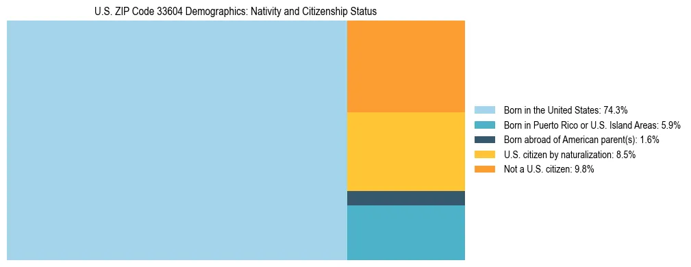 Treemap showing the population distribution by nativity and citizenship status in US ZIP Code 33604 based on U.S. Census data.