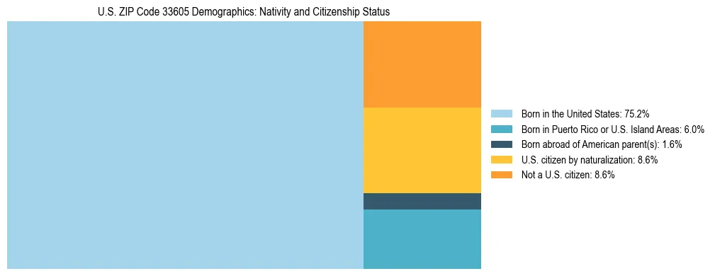Treemap showing the population distribution by nativity and citizenship status in US ZIP Code 33605 based on U.S. Census data.
