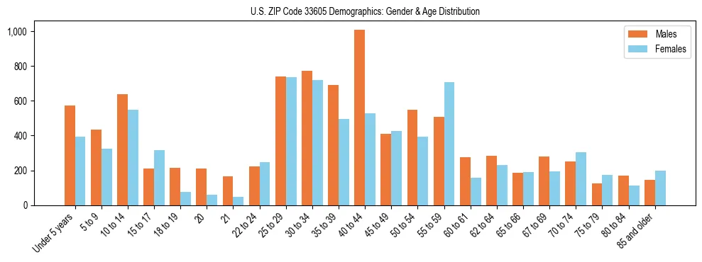 Bar chart showing the population distribution of US ZIP Code 33605 by age group and gender, based on 2023 ACS data.