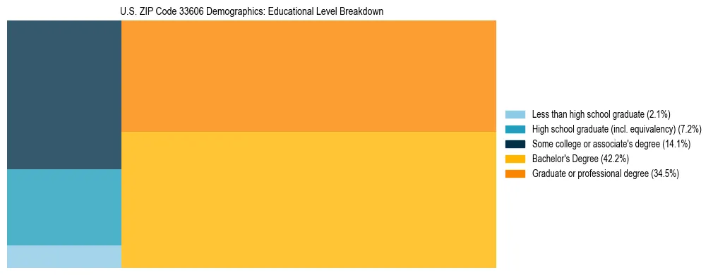 Treemap chart illustrating the educational attainment breakdown for population 25 years and over in US ZIP Code 33606.