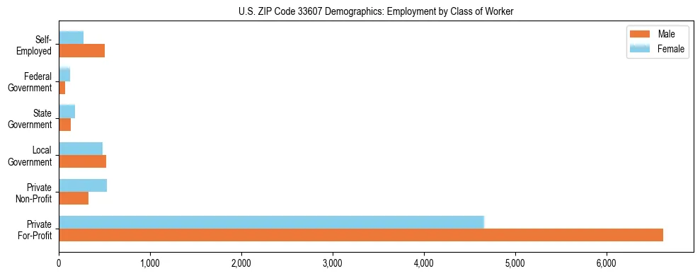 Horizontal bar chart showing employment distribution by class of worker and gender in US ZIP Code 33607, based on 2023 ACS data.