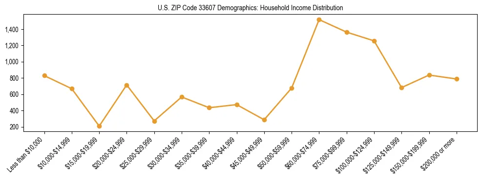 Horizontal bar chart showing household income distribution in US ZIP Code 33607.
