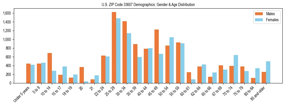 Bar chart showing the population distribution of US ZIP Code 33607 by age group and gender, based on 2023 ACS data.