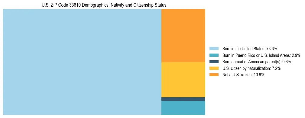 Treemap showing the population distribution by nativity and citizenship status in US ZIP Code 33610 based on U.S. Census data.