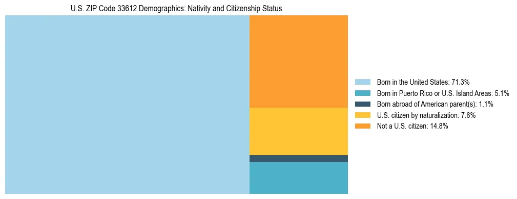 Treemap showing the population distribution by nativity and citizenship status in US ZIP Code 33612 based on U.S. Census data.
