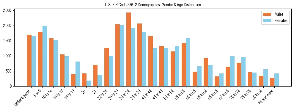 Bar chart showing the population distribution of US ZIP Code 33612 by age group and gender, based on 2023 ACS data.