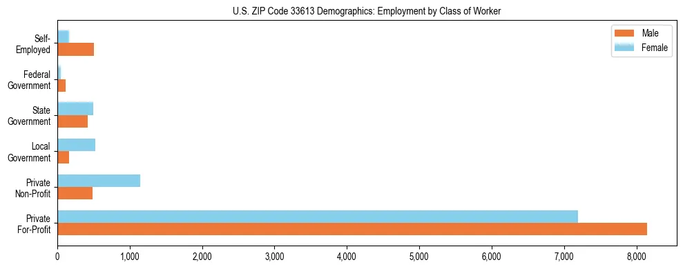 Horizontal bar chart showing employment distribution by class of worker and gender in US ZIP Code 33613, based on 2023 ACS data.