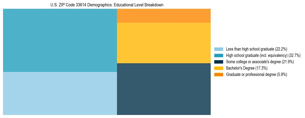 Treemap chart illustrating the educational attainment breakdown for population 25 years and over in US ZIP Code 33614.