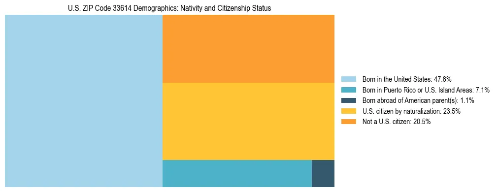 Treemap showing the population distribution by nativity and citizenship status in US ZIP Code 33614 based on U.S. Census data.