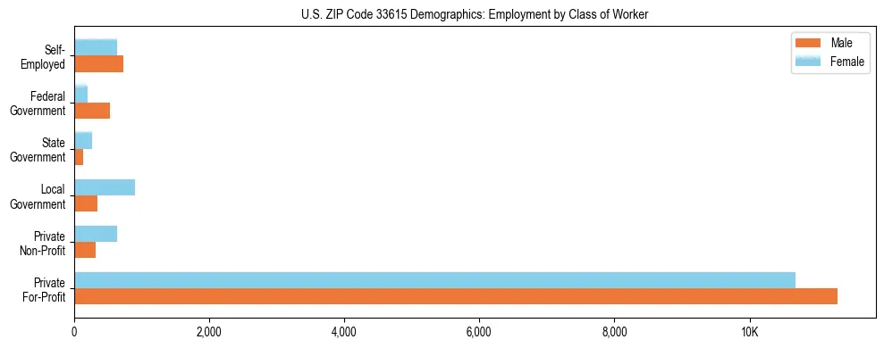 Horizontal bar chart showing employment distribution by class of worker and gender in US ZIP Code 33615, based on 2023 ACS data.