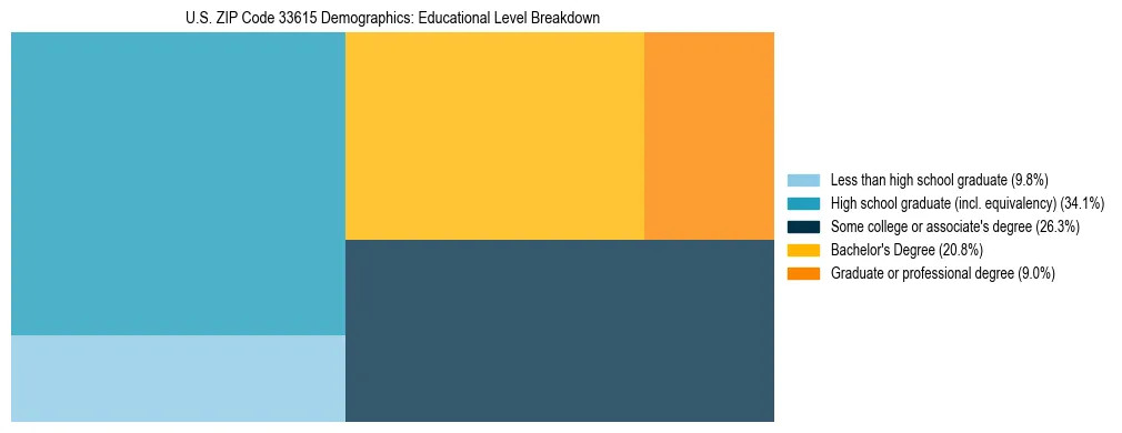 Treemap chart illustrating the educational attainment breakdown for population 25 years and over in US ZIP Code 33615.