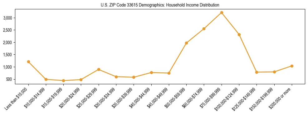 Horizontal bar chart showing household income distribution in US ZIP Code 33615.