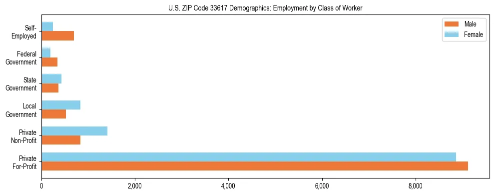 Horizontal bar chart showing employment distribution by class of worker and gender in US ZIP Code 33617, based on 2023 ACS data.