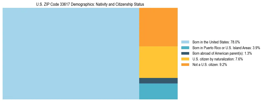 Treemap showing the population distribution by nativity and citizenship status in US ZIP Code 33617 based on U.S. Census data.