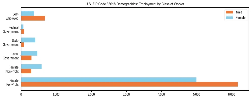 Horizontal bar chart showing employment distribution by class of worker and gender in US ZIP Code 33618, based on 2023 ACS data.