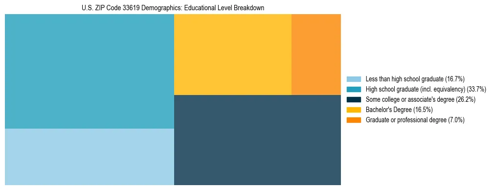 Treemap chart illustrating the educational attainment breakdown for population 25 years and over in US ZIP Code 33619.