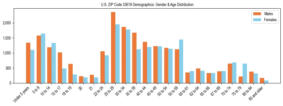 Bar chart showing the population distribution of US ZIP Code 33619 by age group and gender, based on 2023 ACS data.