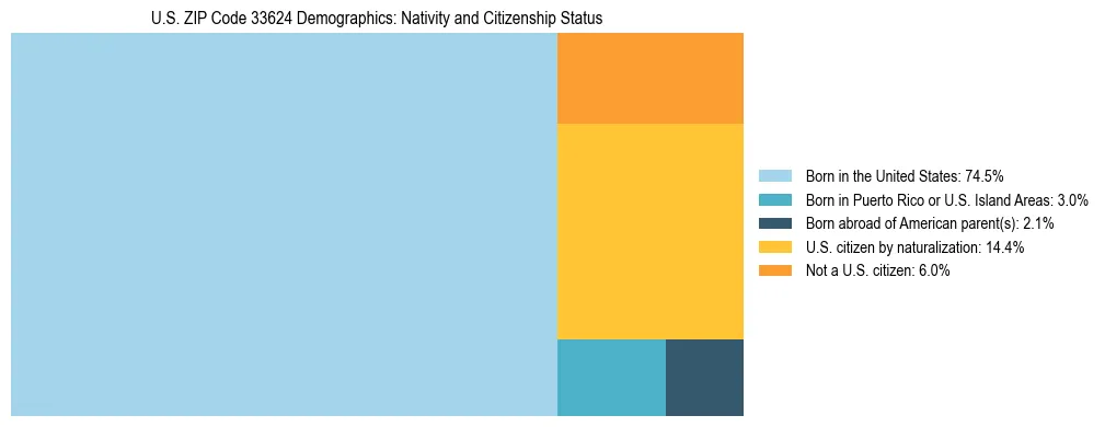 Treemap showing the population distribution by nativity and citizenship status in US ZIP Code 33624 based on U.S. Census data.