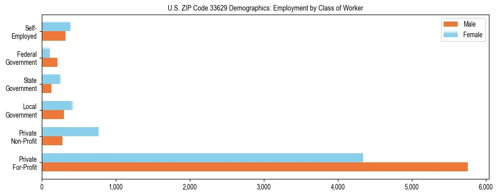 Horizontal bar chart showing employment distribution by class of worker and gender in US ZIP Code 33629, based on 2023 ACS data.
