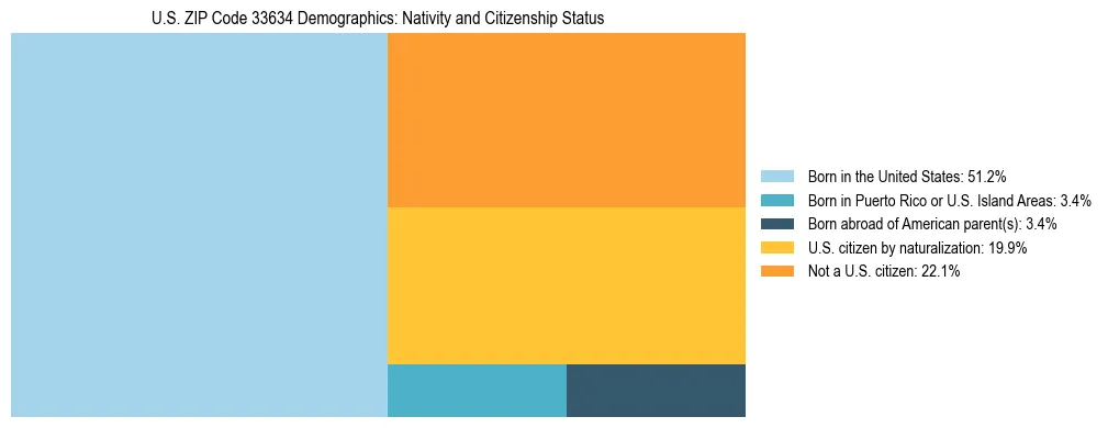 Treemap showing the population distribution by nativity and citizenship status in US ZIP Code 33634 based on U.S. Census data.