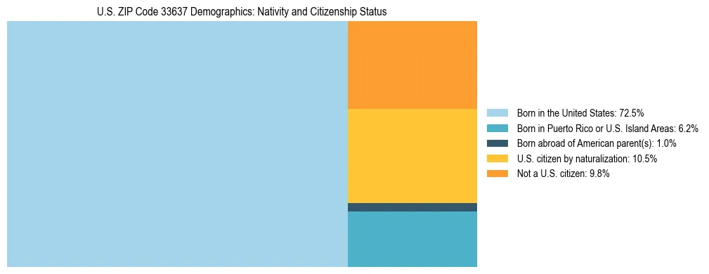 Treemap showing the population distribution by nativity and citizenship status in US ZIP Code 33637 based on U.S. Census data.