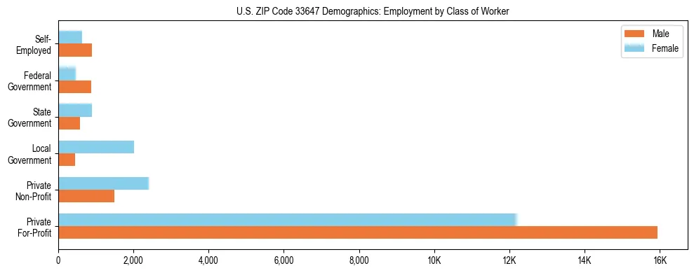 Horizontal bar chart showing employment distribution by class of worker and gender in US ZIP Code 33647, based on 2023 ACS data.